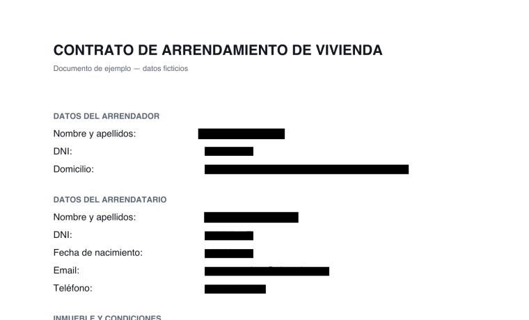 El mismo contrato tras procesarlo con Vellum, con los datos personales tapados de forma irreversible